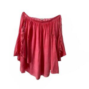 Pink Off The Shoulder Flare Sleeve Blouse Womens Size S Laced Sleeve Boho Top